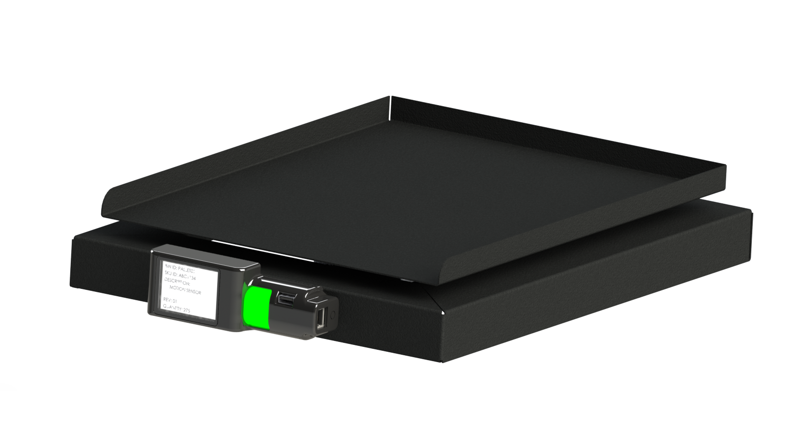 DFXBOT SLIM Platform IoT device with digital display, status indicator, and USB connectivity, designed for real-time inventory tracking in industrial environments.