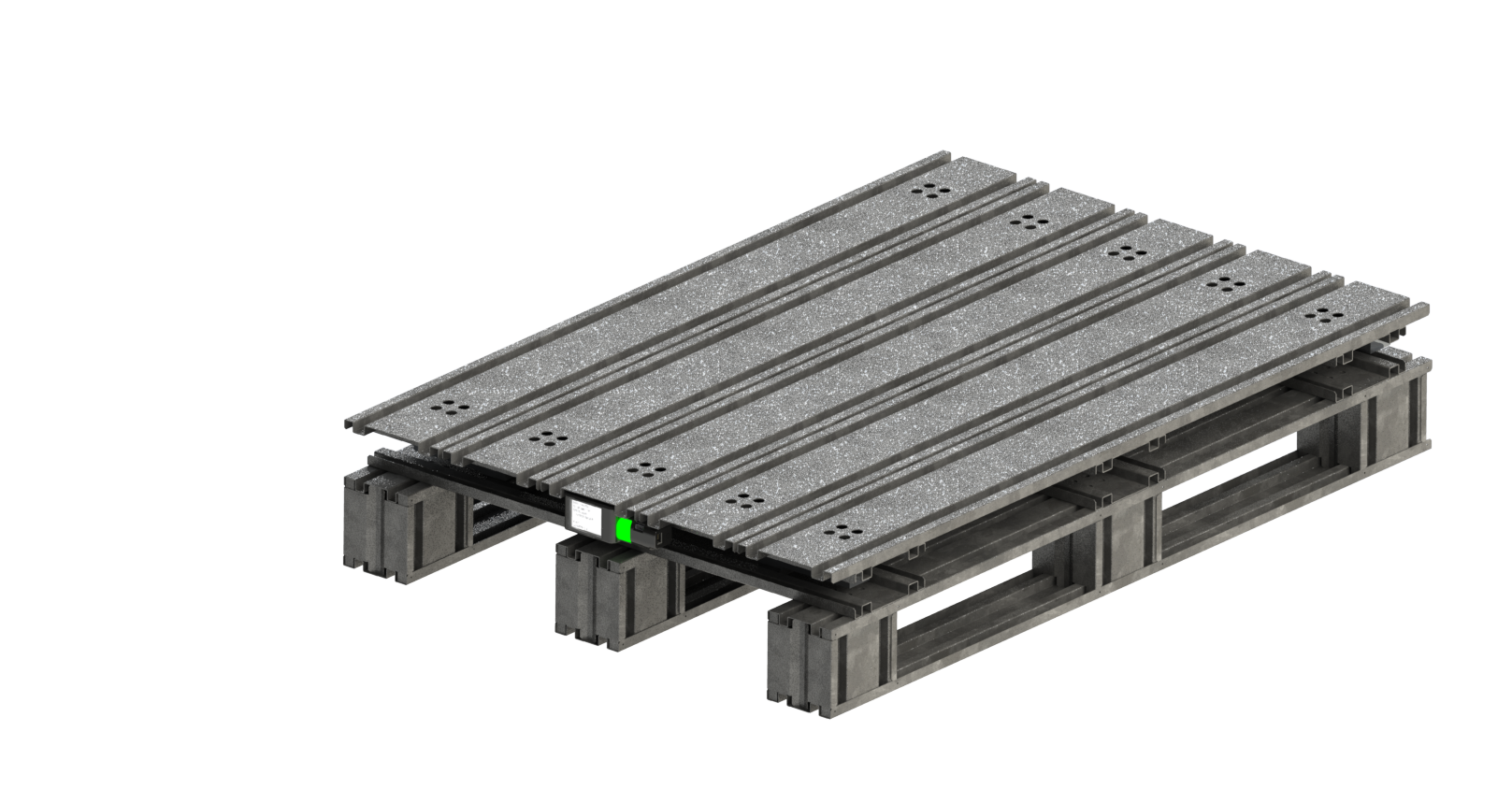 SLIM Pallet IoT device by DFXBOT installed beneath warehouse pallets, enabling real-time weight-based inventory monitoring and smart logistics tracking.