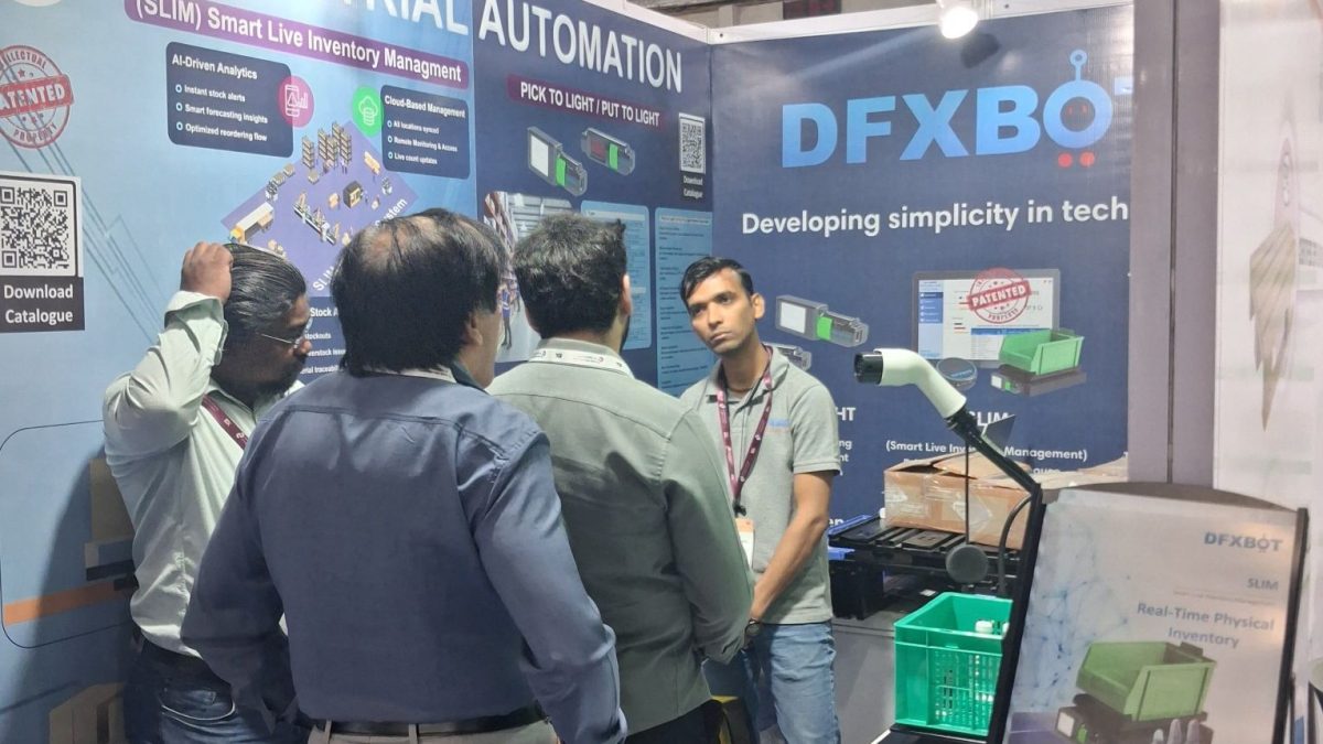 DFXBOT team showcasing smart inventory management solutions at India Warehousing Expo
