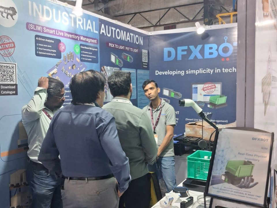 DFXBOT team showcasing smart inventory management solutions at India Warehousing Expo