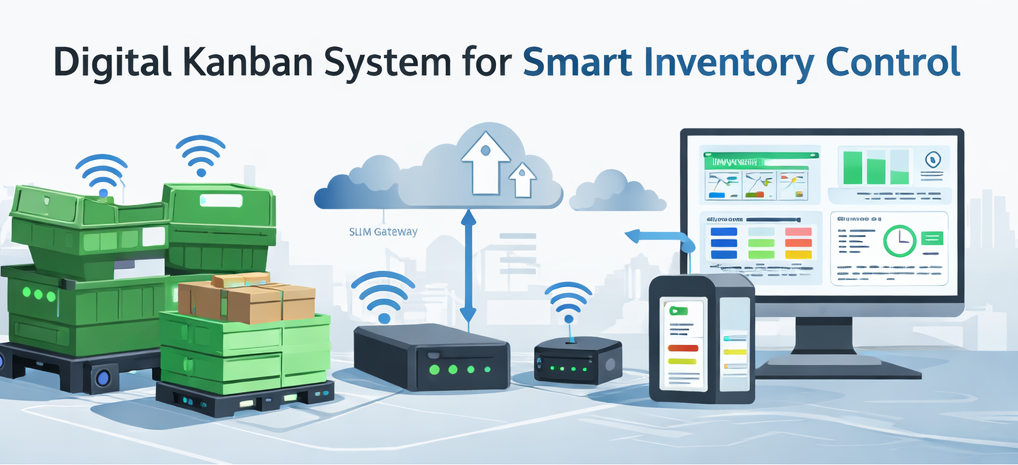 Digital Kanban smart inventory system with IoT-enabled bins, SLIM Gateway, cloud connectivity, and real-time dashboard on desktop and mobile.