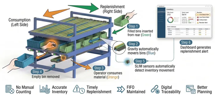 Illustration of front consumption and rear replenishment on a gravity FIFO rack
