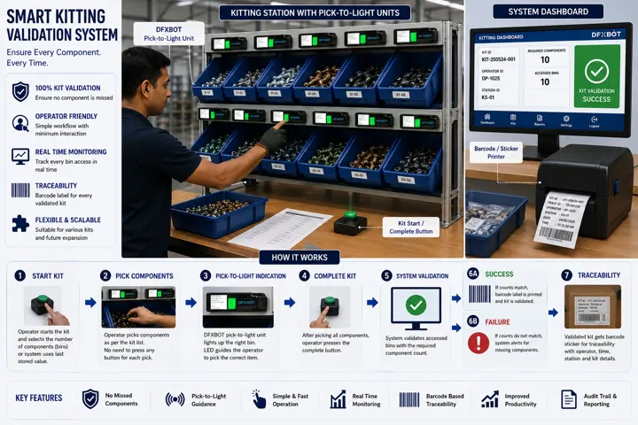 Illustration of guided kitting and workflow-controlled label release